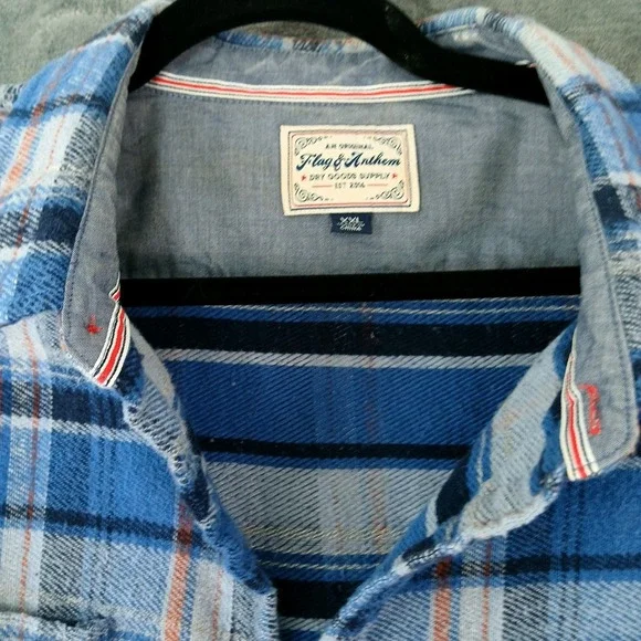Flag & Anthem Shirt Mens 2XL Blue Plaid Long Sleeve Flannel Western Cotton Relax - Picture 3 of 10